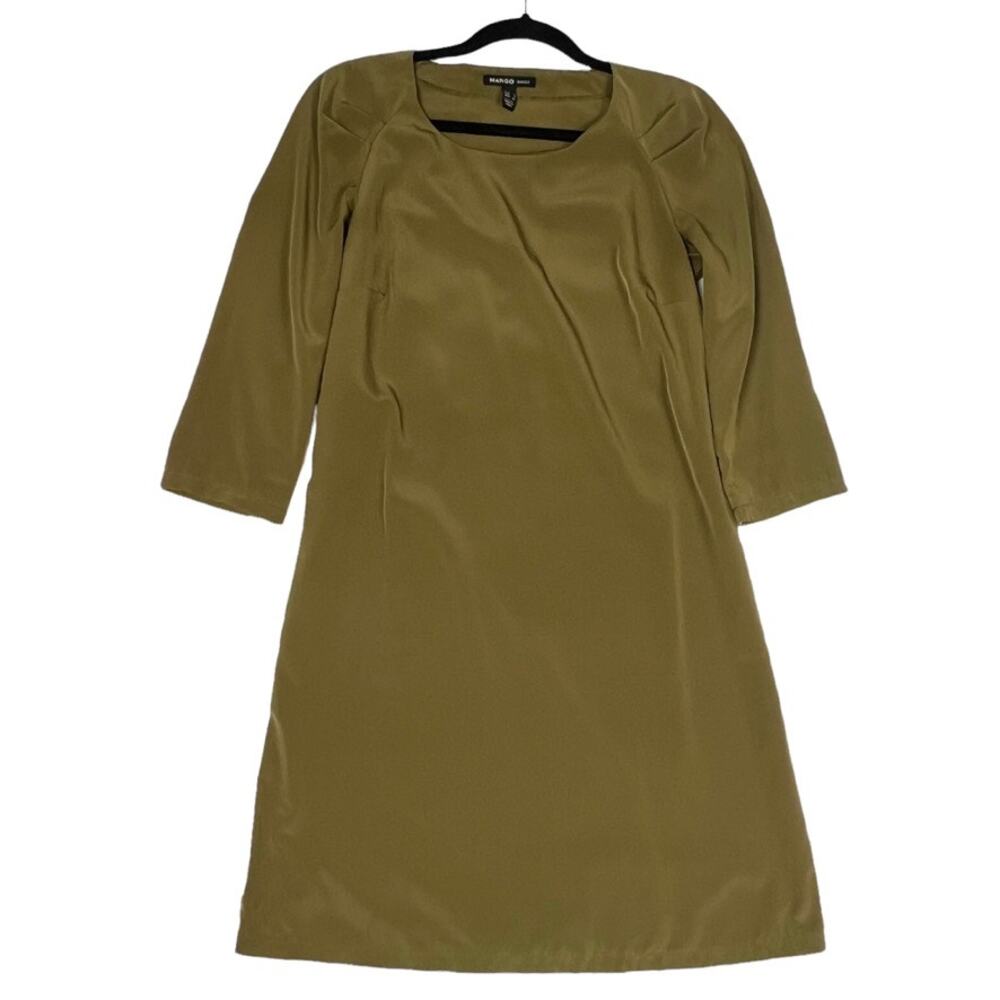 Mango Basics Dress Olive Green Satin Three-Quarter Sleeve‎ Crew Neck Mini 4